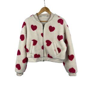 No Boundaries L Faux Fur Heart Print Zip-Up Jacket